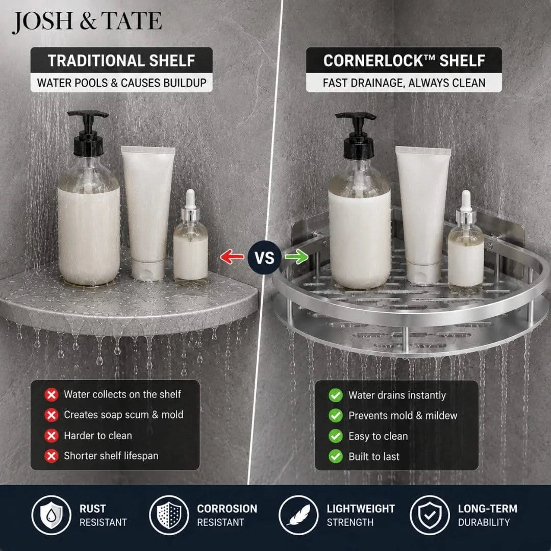 Josh & Tate - CornerLock™ Adhesive Shower Shelf - Comparison of a traditional shelf and a cornerlock shelf in a shower setting with product placement.