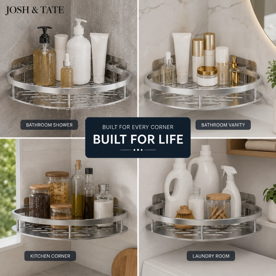 Josh & Tate - CornerLock™ Adhesive Shower Shelf - Corner shelves with various items in different rooms like bathroom, kitchen, and laundry room.