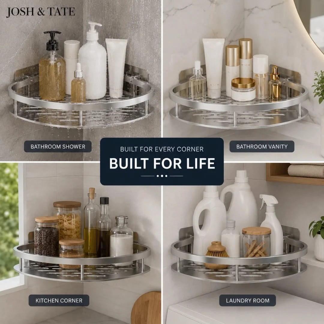 Josh & Tate - CornerLock™ Adhesive Shower Shelf - Corner shelves with various items in different rooms like bathroom, kitchen, and laundry room.