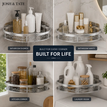 Josh & Tate - CornerLock™ Adhesive Shower Shelf - Corner shelves with various items in different rooms like bathroom, kitchen, and laundry room.