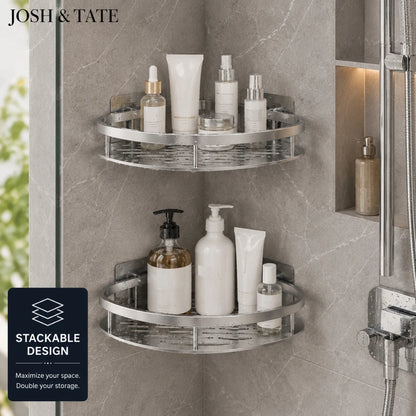 Josh & Tate - CornerLock™ Adhesive Shower Shelf - Corner shower caddy with bath products on a tiled shower wall, featuring 'Josh & Tate' branding.