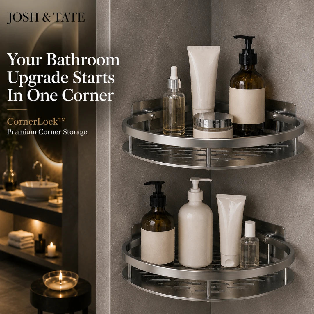 Josh & Tate - CornerLock™ Adhesive Shower Shelf - Corner storage shelf with bathroom products in a modern bathroom setting, featuring Josh & Tate branding.