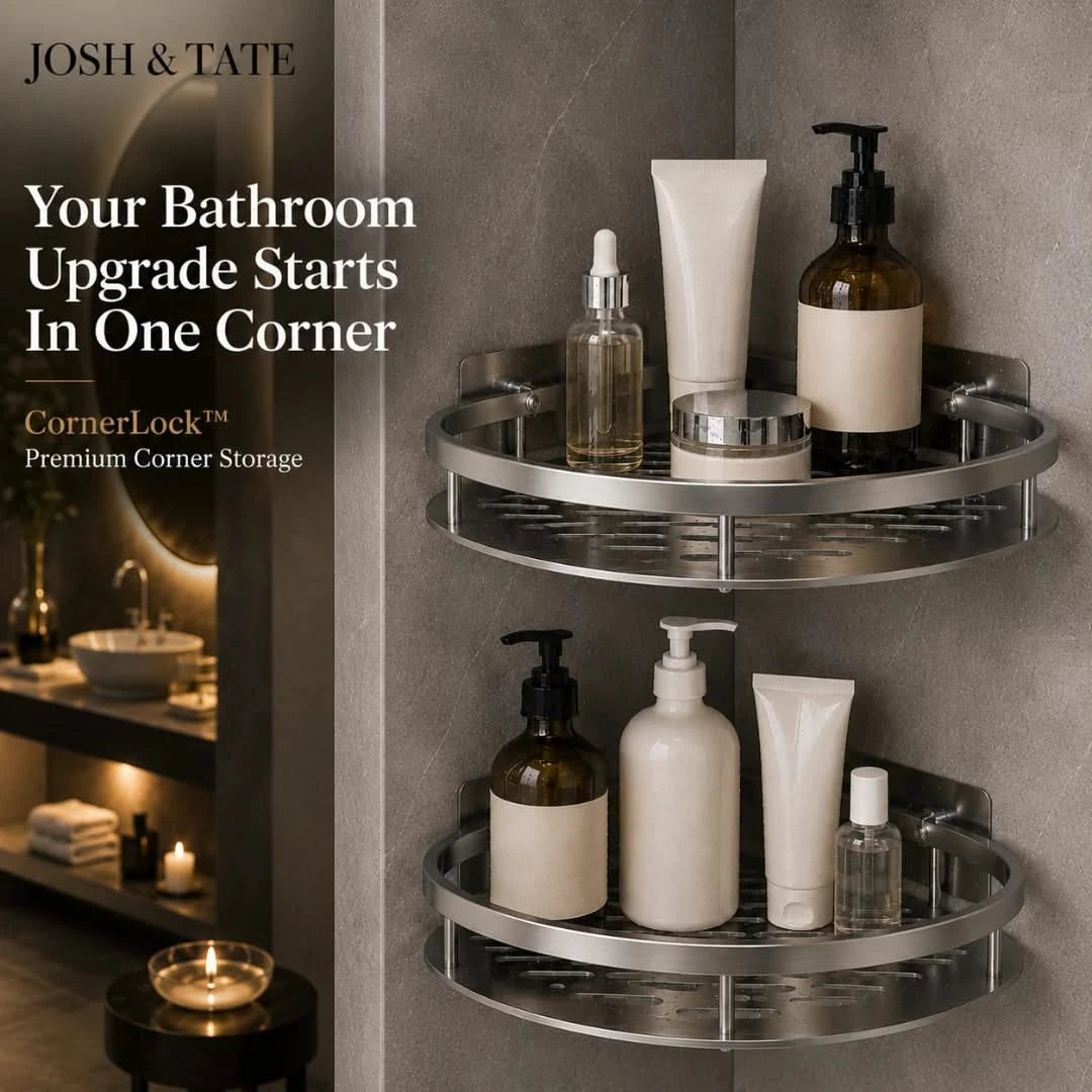 Josh & Tate - CornerLock™ Adhesive Shower Shelf - Corner storage shelf with bathroom products in a modern bathroom setting, featuring Josh & Tate branding.
