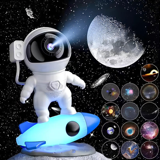 Spaceman toy with a rocket on a dark space-themed background with moon and planet illustrations.
