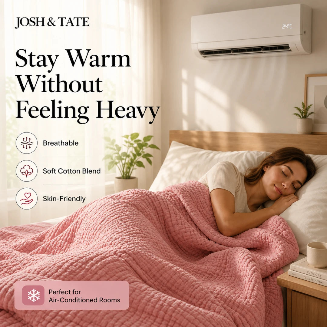 Josh & Tate - CottonFold™ Thick Air Conditioner Blanket - Woman sleeping under a pink blanket with air conditioner and text about comfort and warmth.