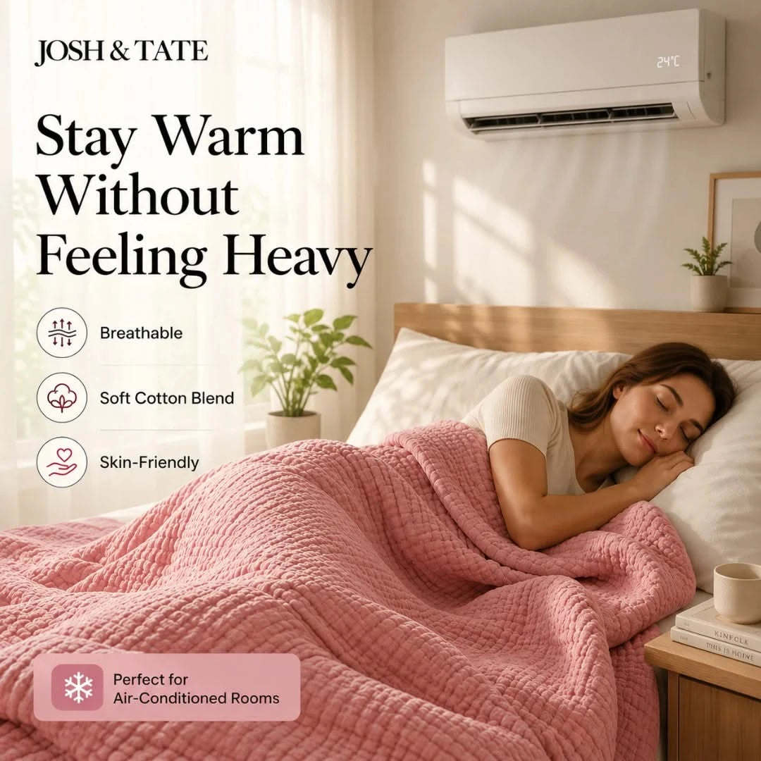 Josh & Tate - CottonFold™ Thick Air Conditioner Blanket - Woman sleeping under a pink blanket with air conditioner and text about comfort and warmth.