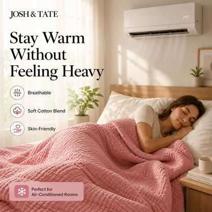 Josh & Tate - CottonFold™ Thick Air Conditioner Blanket - Woman sleeping under a pink blanket with air conditioner and text about comfort and warmth.