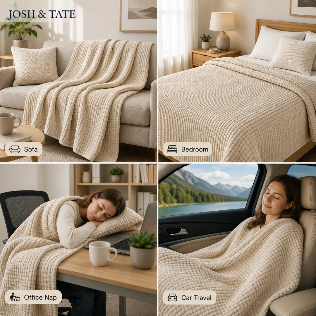 Josh & Tate - CottonFold™ Thick Air Conditioner Blanket - Collage of a beige blanket used in various settings including a sofa, bedroom, office, and car.