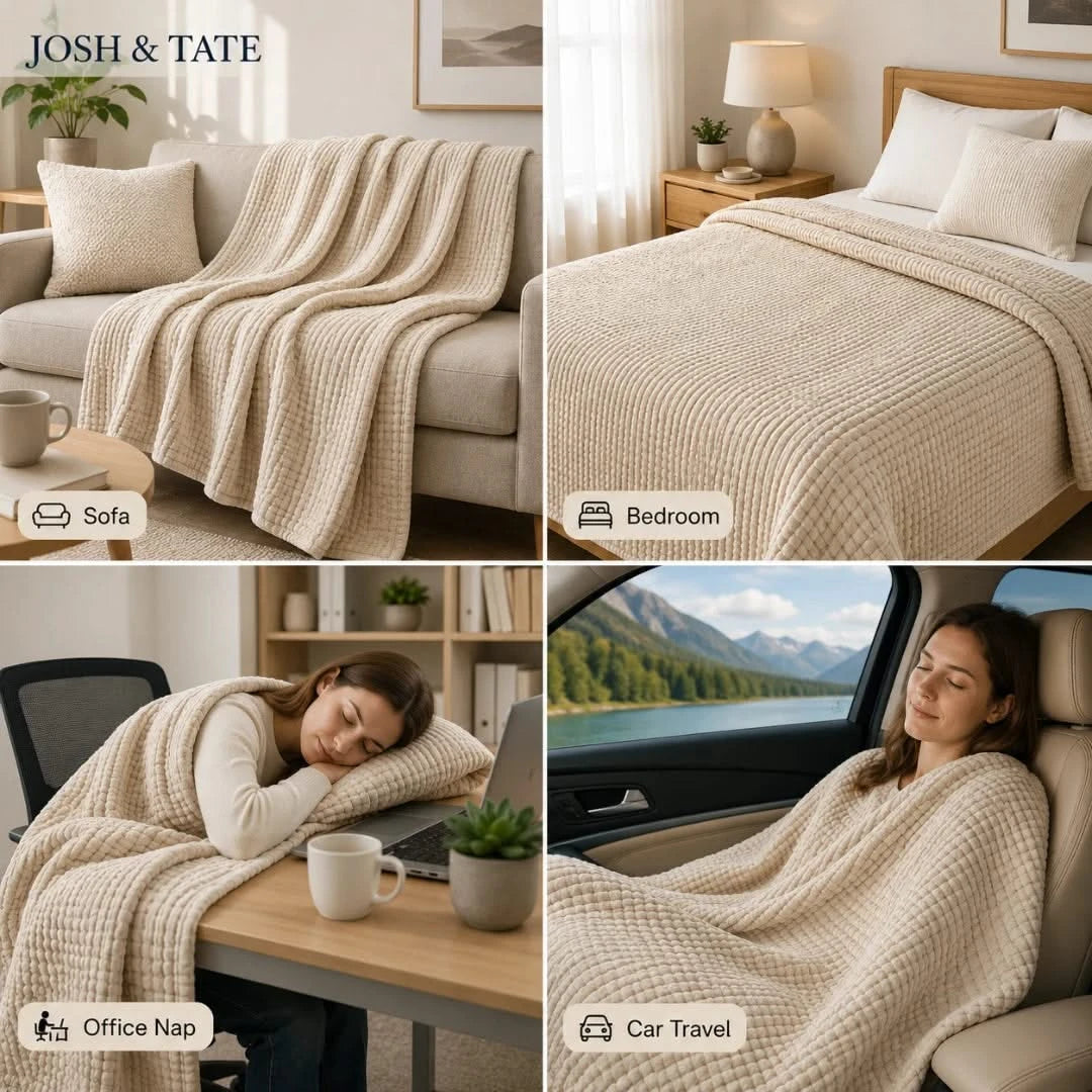 Josh & Tate - CottonFold™ Thick Air Conditioner Blanket - Collage of a beige blanket used in various settings including a sofa, bedroom, office, and car.