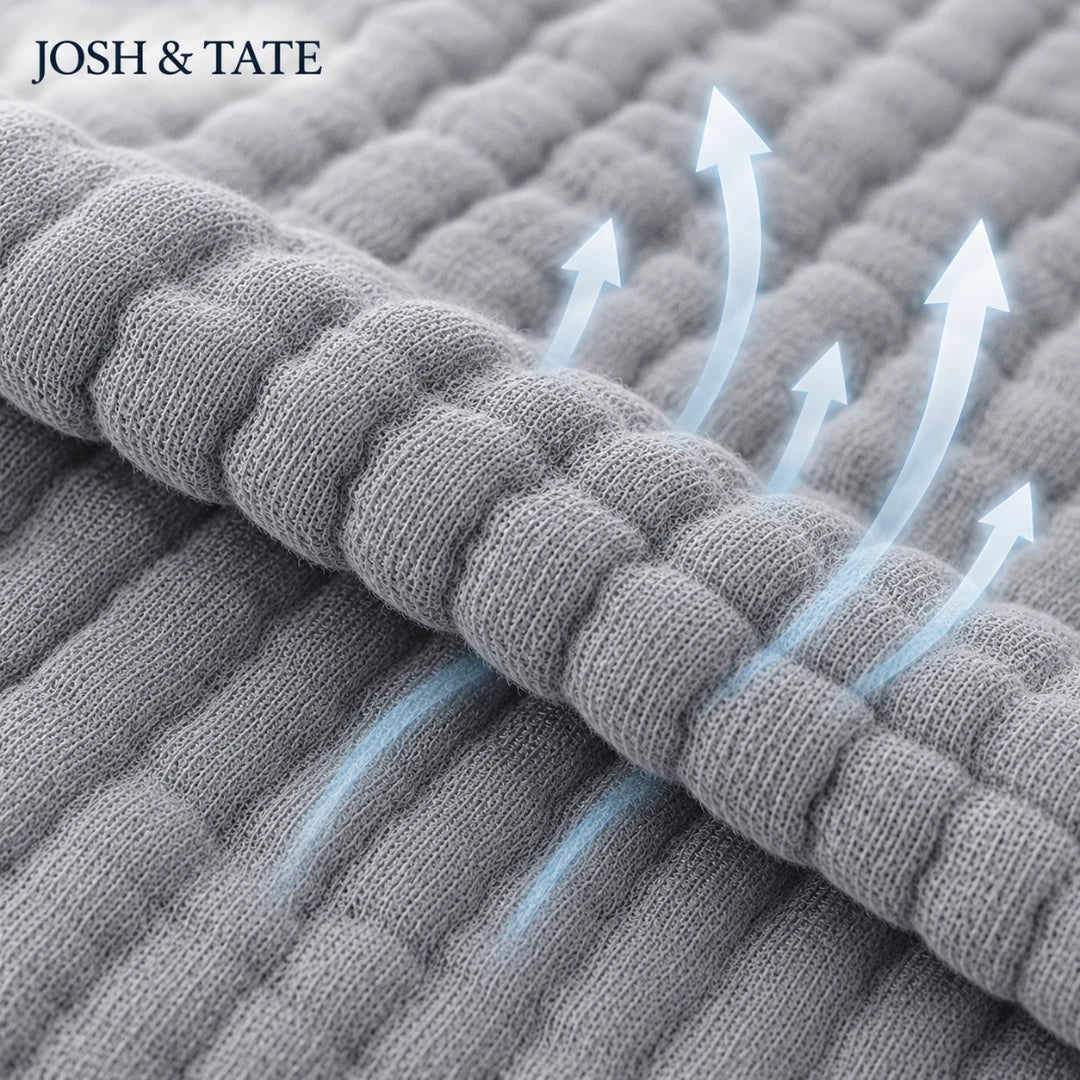 Josh & Tate - CottonFold™ Thick Air Conditioner Blanket - Gray textured fabric with arrows indicating airflow, featuring the brand 'Josh & Tate'.
