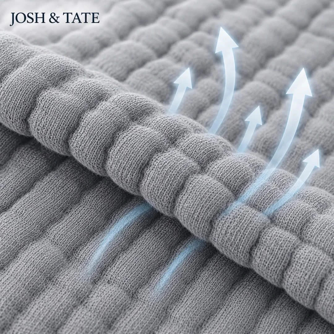 Josh & Tate - CottonFold™ Thick Air Conditioner Blanket - Gray textured fabric with arrows indicating airflow, featuring the brand 'Josh & Tate'.