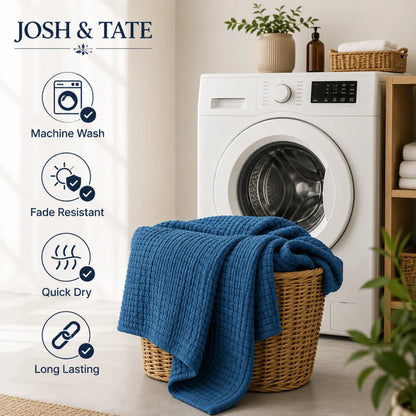 Josh & Tate - CottonFold™ Thick Air Conditioner Blanket - Blue towel in a basket in front of a washing machine with Josh & Tate branding and laundry features listed.