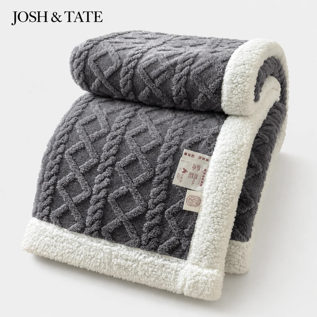 Josh & Tate - CoziKnit™ Reversible Sherpa Blanket - Gray textured blanket with white border and 'Josh & Tate' branding on a light background