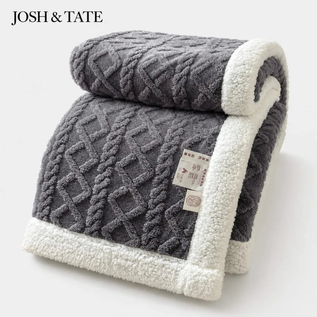Josh & Tate - CoziKnit™ Reversible Sherpa Blanket - Gray textured blanket with white border and 'Josh & Tate' branding on a light background