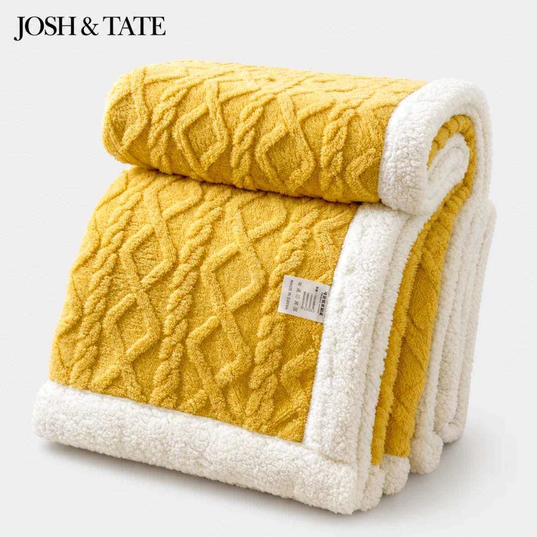 Josh & Tate -CoziKnit™ Reversible Sherpa Blanket - Yellow cable knit blanket with white sherpa reverse, folded on a light gray background, branded 'JOSH & TATE'.
