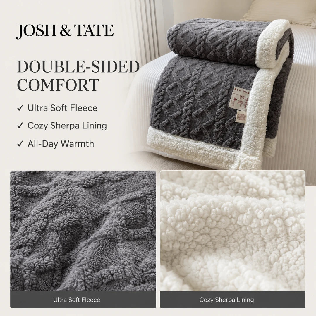 Josh & Tate - CoziKnit™ Reversible Sherpa Blanket - Gray and white blanket with text highlighting features on a couch.