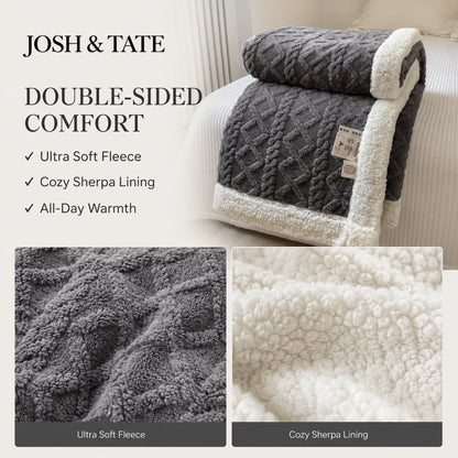 Josh & Tate - CoziKnit™ Reversible Sherpa Blanket - Gray and white blanket with text highlighting features on a couch.