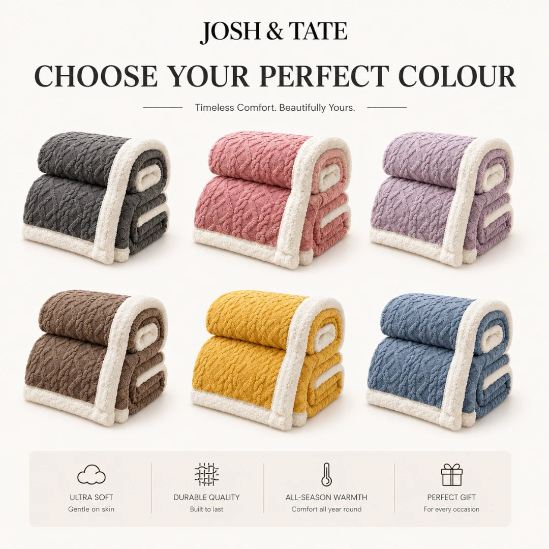 Josh & Tate - CoziKnit™ Reversible Sherpa Blanket - Roll-up blankets in various colors with branding and feature text on a white background