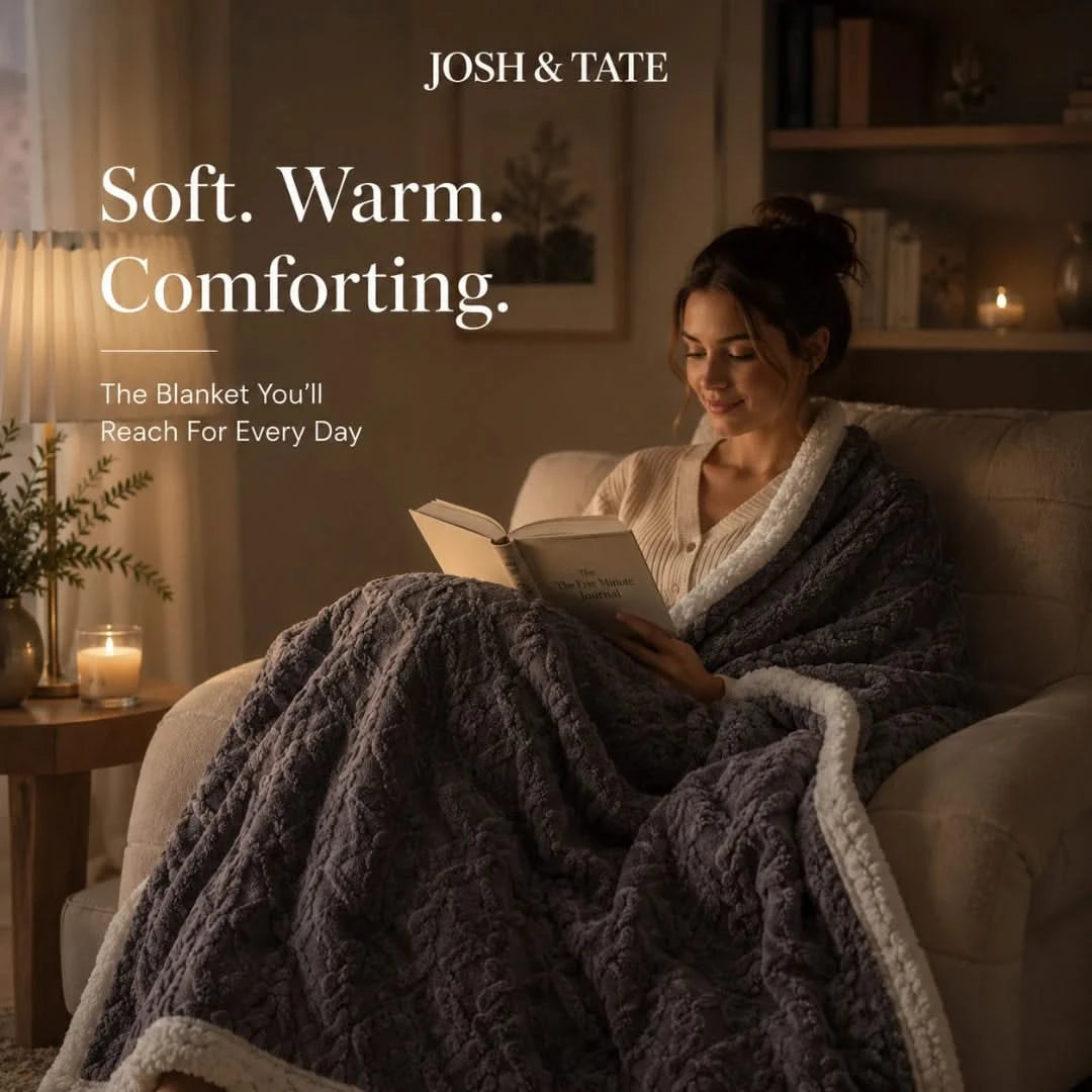 Josh & Tate - CoziKnit™ Reversible Sherpa Blanket - Woman reading a book under a blanket with 'Josh & Tate' branding and text about the blanket's comfort.