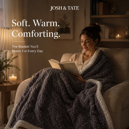 Josh & Tate - CoziKnit™ Reversible Sherpa Blanket - Woman reading a book under a blanket with 'Josh & Tate' branding and text about the blanket's comfort.