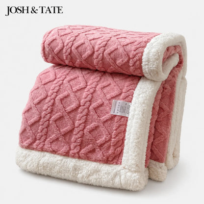 Josh & Tate - CoziKnit™ Reversible Sherpa Blanket - Pink textured blanket with white trim on a white background, featuring the brand 'JOSH & TATE'.