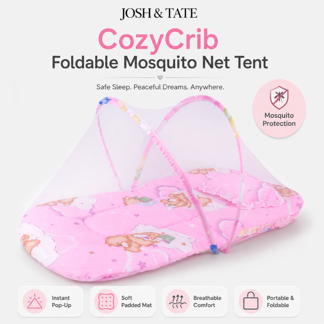 Josh & Tate - CozyCrib™ Foldable Mosquito Net Tent - Pink CozyCrib Foldable Mosquito Net Tent with cartoon designs on a white background, featuring the brand 'JOSH & TATE'.