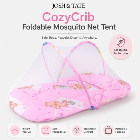 Josh & Tate - CozyCrib™ Foldable Mosquito Net Tent - Pink CozyCrib Foldable Mosquito Net Tent with cartoon designs on a white background, featuring the brand 'JOSH & TATE'.