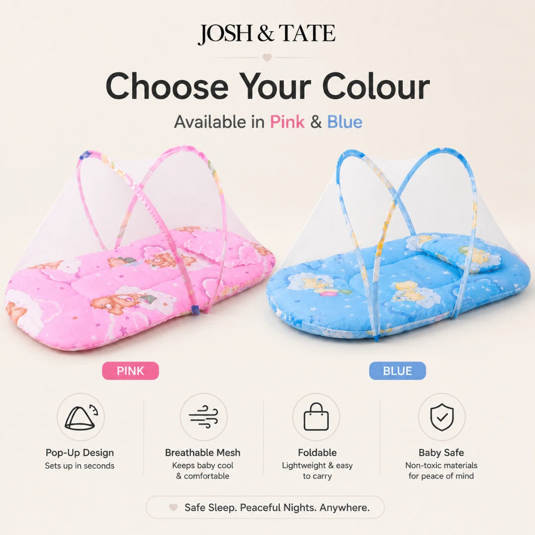 Josh & Tate - CozyCrib™ Foldable Mosquito Net Tent - Pink and blue baby playpen with 'Josh & Tate' branding and color options.