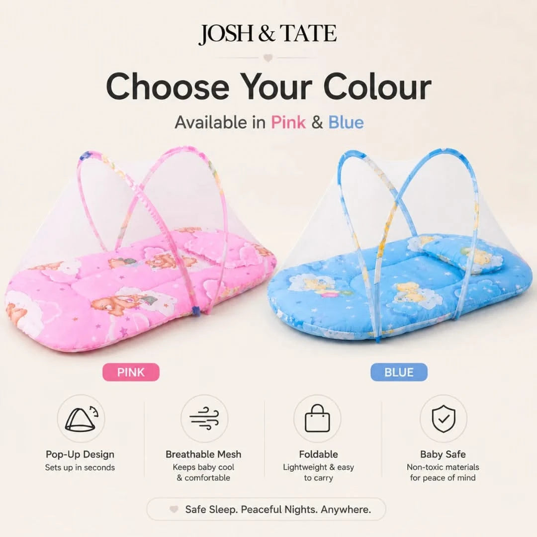 Josh & Tate - CozyCrib™ Foldable Mosquito Net Tent - Pink and blue baby playpen with 'Josh & Tate' branding and color options.