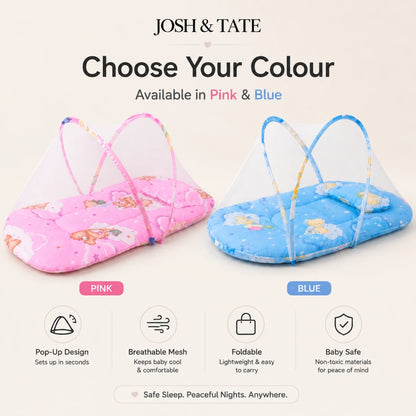 Josh & Tate - CozyCrib™ Foldable Mosquito Net Tent - Pink and blue baby playpen with 'Josh & Tate' branding and color options.
