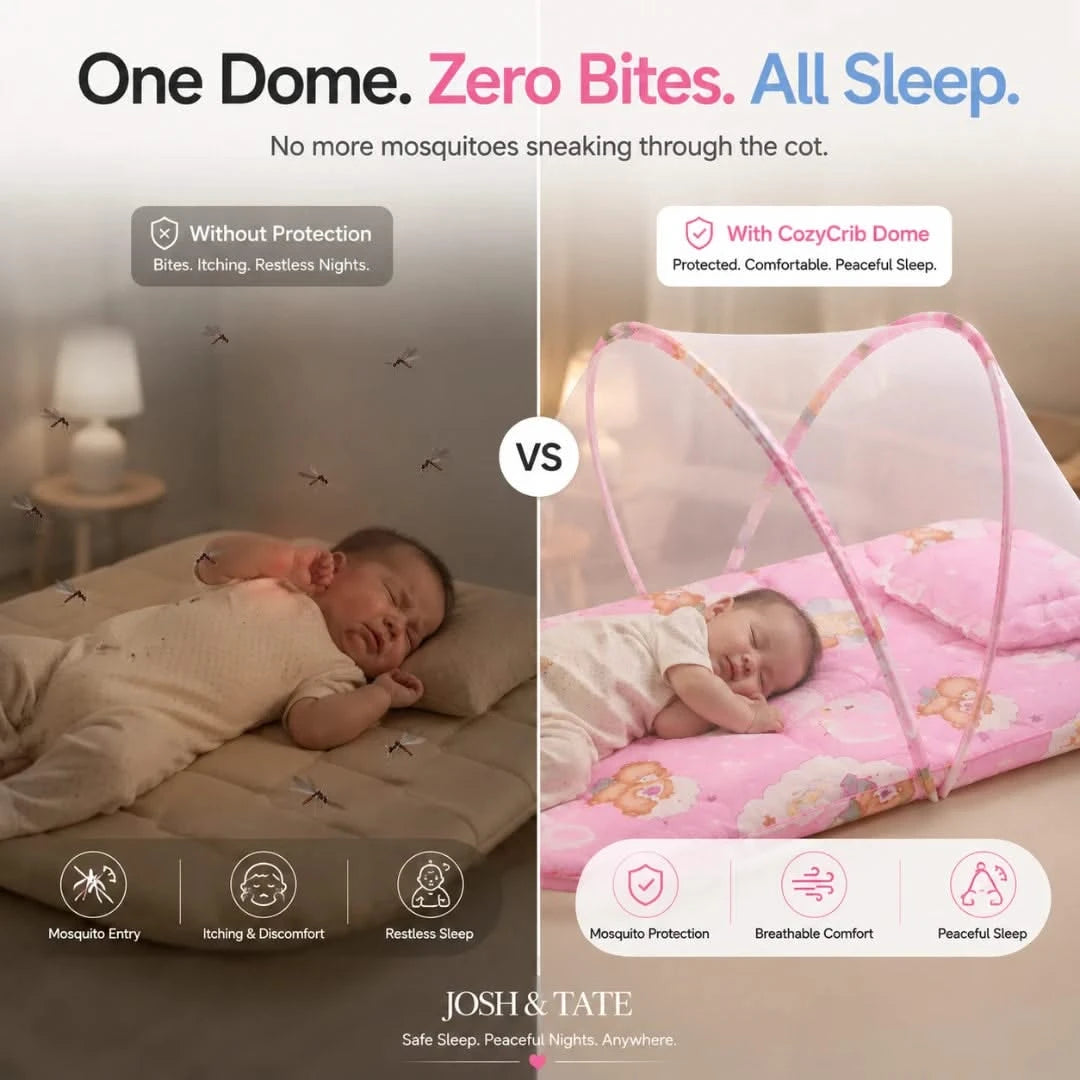 Josh & Tate - CozyCrib™ Foldable Mosquito Net Tent - Comparison of a baby sleeping with and without a CozyCrib Dome to protect from mosquitoes, featuring Josh & Tate product.