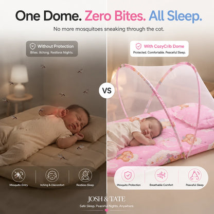 Josh & Tate - CozyCrib™ Foldable Mosquito Net Tent - Comparison of a baby sleeping with and without a CozyCrib Dome to protect from mosquitoes, featuring Josh & Tate product.