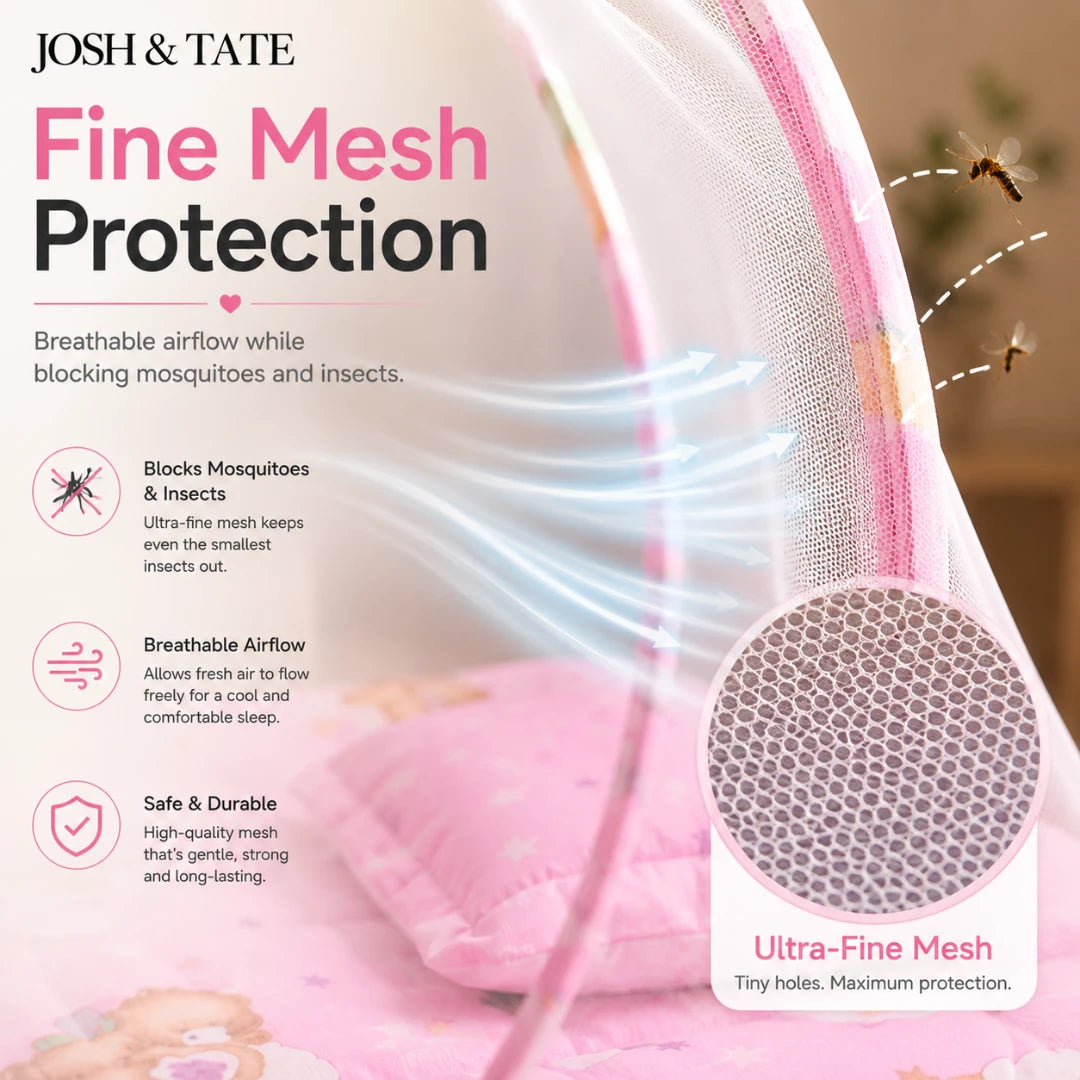 Josh & Tate - CozyCrib™ Foldable Mosquito Net Tent - Product advertisement for Josh & Tate Fine Mesh Protection with text and close-up of mesh.