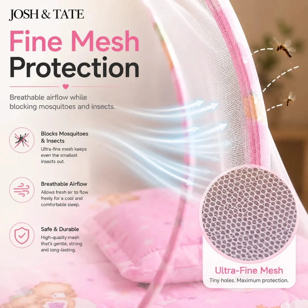 Josh & Tate - CozyCrib™ Foldable Mosquito Net Tent - Product advertisement for Josh & Tate Fine Mesh Protection with text and close-up of mesh.