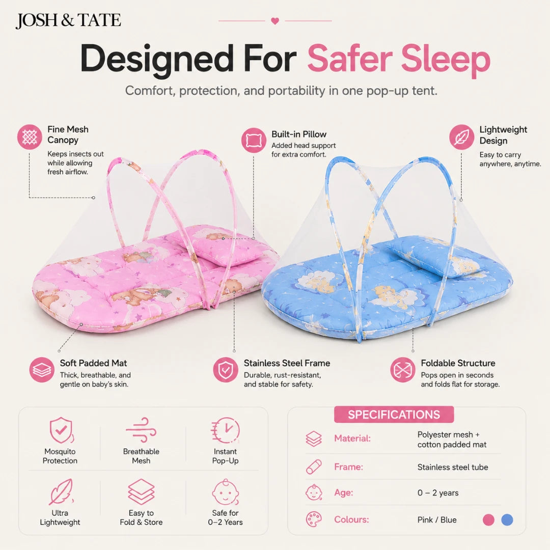 Josh & Tate - CozyCrib™ Foldable Mosquito Net Tent - Baby pop-up tents in pink and blue with features listed on a white background.