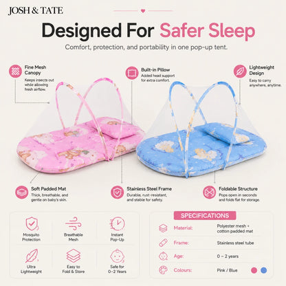 Josh & Tate - CozyCrib™ Foldable Mosquito Net Tent - Baby pop-up tents in pink and blue with features listed on a white background.