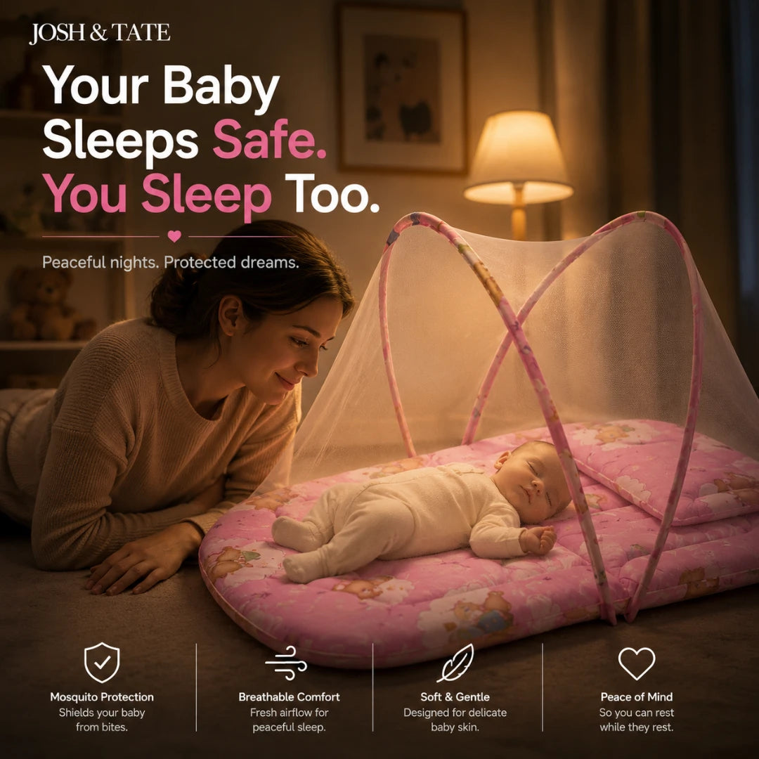Josh & Tate -CozyCrib™ Foldable Mosquito Net Tent - Woman lying next to a baby in a pink crib with text about baby sleep safety.