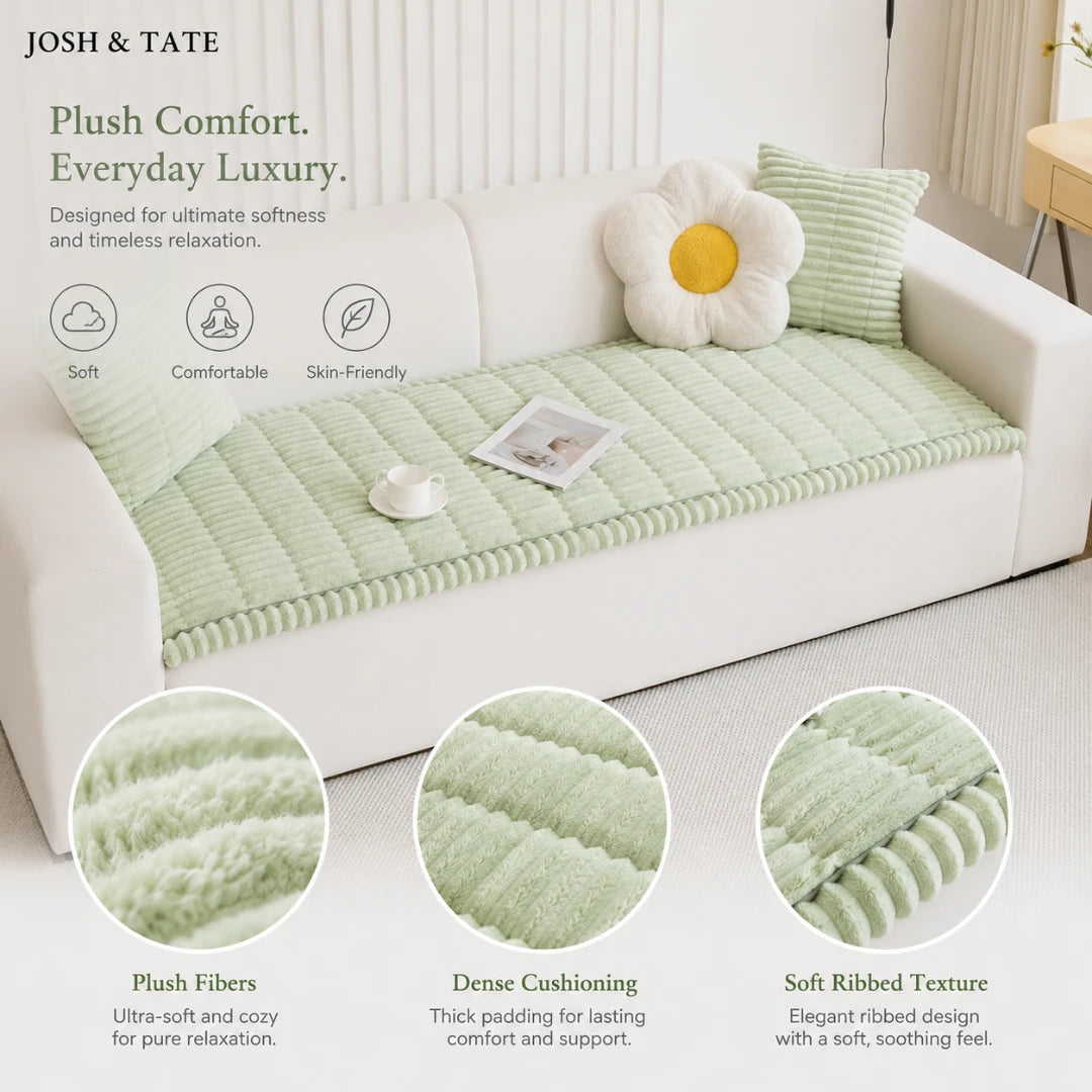 Josh & Tate - CozyLayer™ Plush Sofa Protector - Green sofa cover on a white sofa with decorative elements, featuring text about comfort and features.