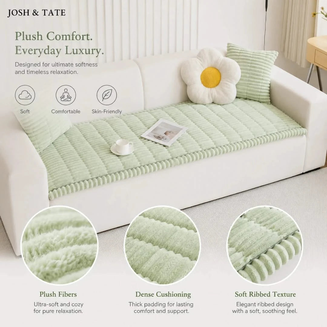 Josh & Tate - CozyLayer™ Plush Sofa Protector - Green sofa cover on a white sofa with decorative elements, featuring text about comfort and features.