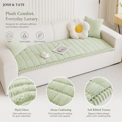 Josh & Tate - CozyLayer™ Plush Sofa Protector - Green sofa cover on a white sofa with decorative elements, featuring text about comfort and features.