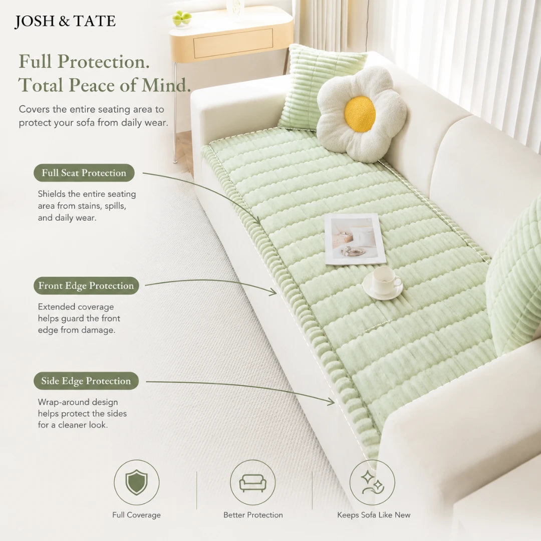 Josh & Tate - CozyLayer™ Plush Sofa Protector - Green sofa protector on a white sofa with text describing its features.