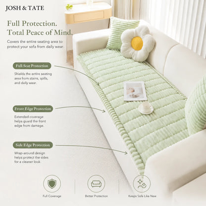 Josh & Tate - CozyLayer™ Plush Sofa Protector - Green sofa protector on a white sofa with text describing its features.
