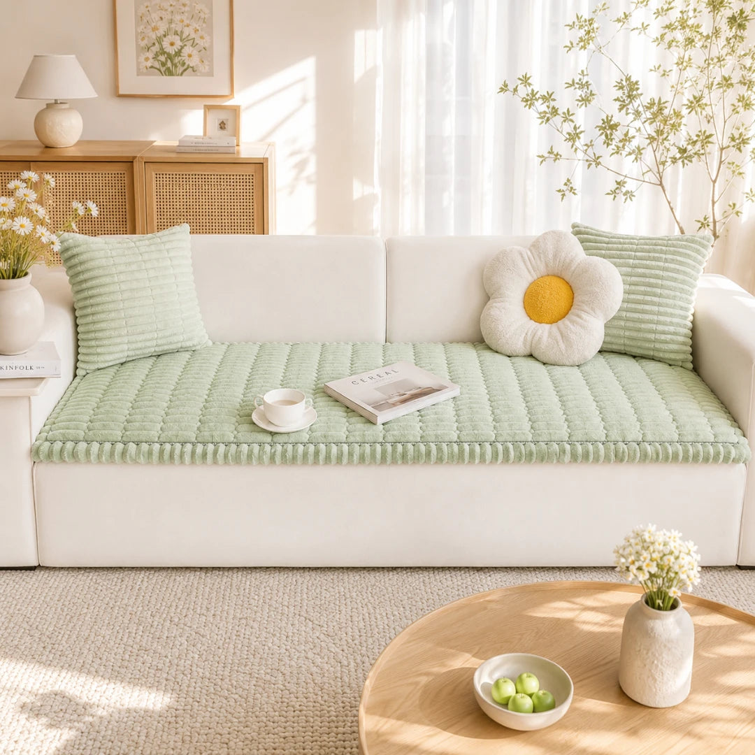 Josh & Tate - CozyLayer™ Plush Sofa Protector - Light green cushion on a white sofa with decorative items in a bright living room.