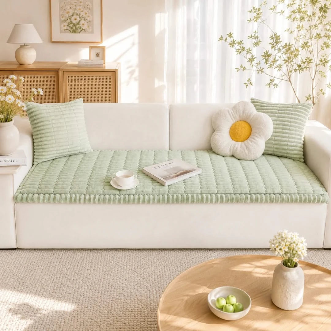 Josh & Tate - CozyLayer™ Plush Sofa Protector - Light green cushion on a white sofa with decorative items in a bright living room.