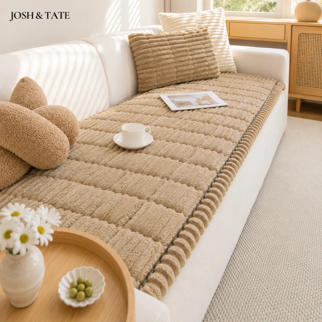Josh & Tate - CozyLayer™ Plush Sofa Protector - Beige sofa cover on a white sofa with decorative pillows and a small table in a living room.
