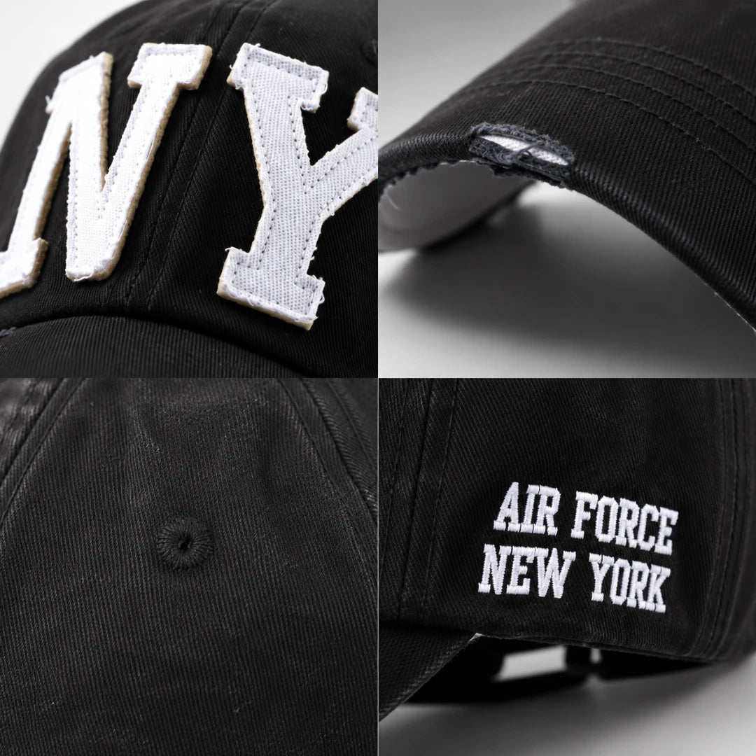 Josh & Tate - CraftWorn™ Distressed NY Cap - A black baseball cap shown in a four-panel collage, featuring large white embroidered 'NY' lettering on the front, a close-up of the brim with a distressed tear detail, and 'AIR FORCE NEW YORK' embroidered in white on the side.