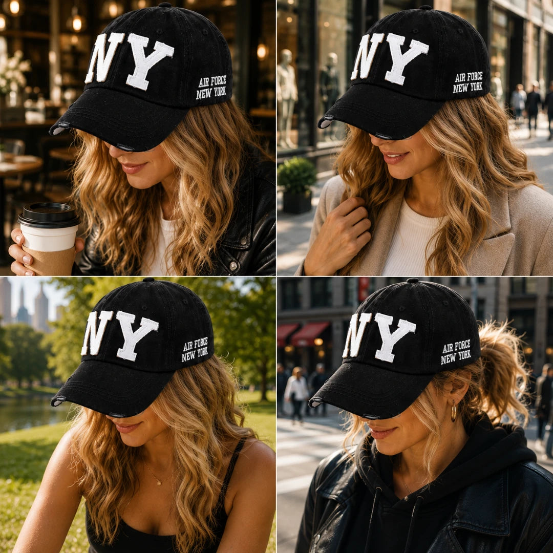 Josh & Tate - CraftWorn™ Distressed NY Cap - A four-panel collage showing a woman wearing a black baseball cap with large white 'NY' lettering and 'AIR FORCE NEW YORK' text on the side, photographed in indoor and outdoor settings.
