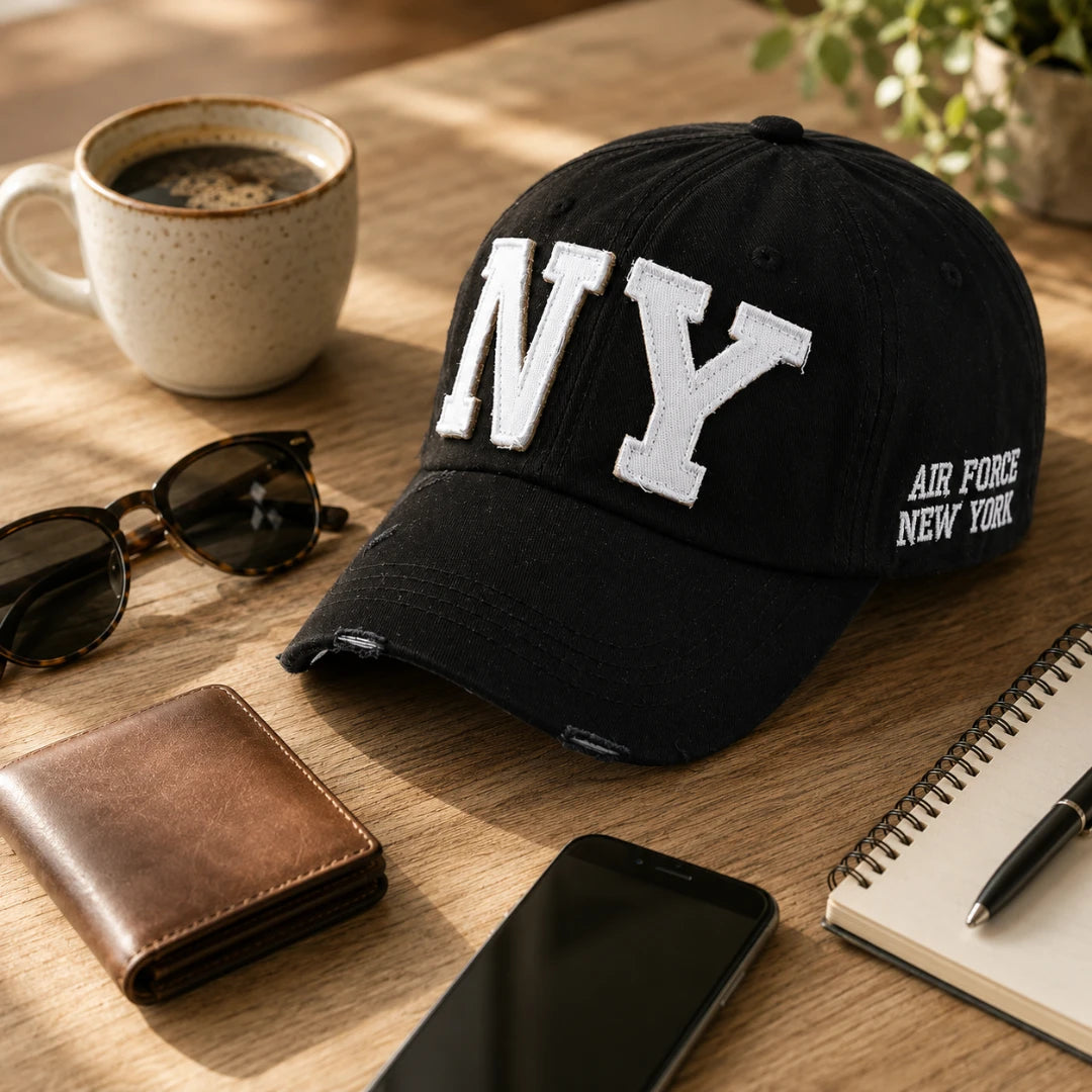Josh & Tate - CraftWorn™ Distressed NY Cap - A black baseball cap with large white embroidered 'NY' lettering on the front and 'AIR FORCE NEW YORK' on the side, styled on a wooden desk with a coffee mug, sunglasses, wallet, phone, and notebook.