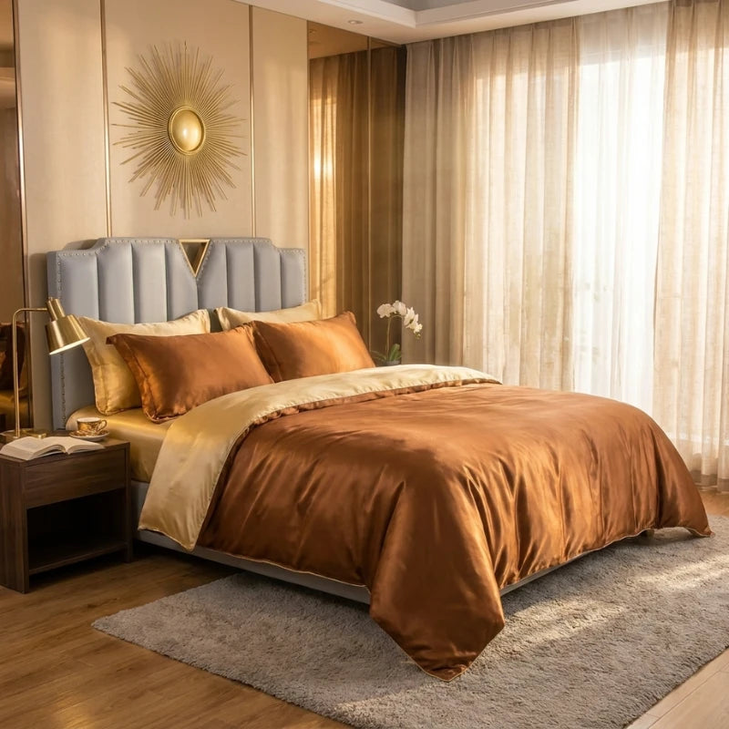 Josh & Tate - Josh & Tate - FloraStep™ Satin Fur-Lined Slipper - Luxurious bedroom with brown bedding and gold accents