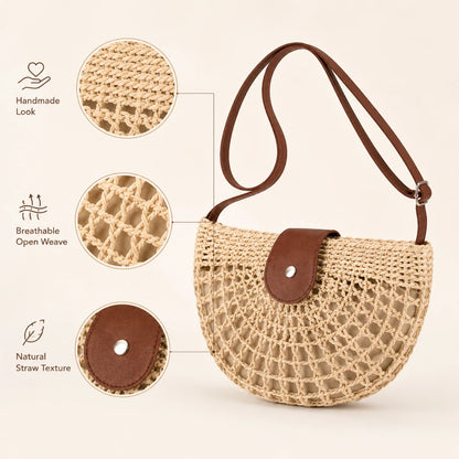 Josh & Tate - CrochetMoon™ Straw Crossbody Bag - Woven handbag with brown leather accents on a beige background